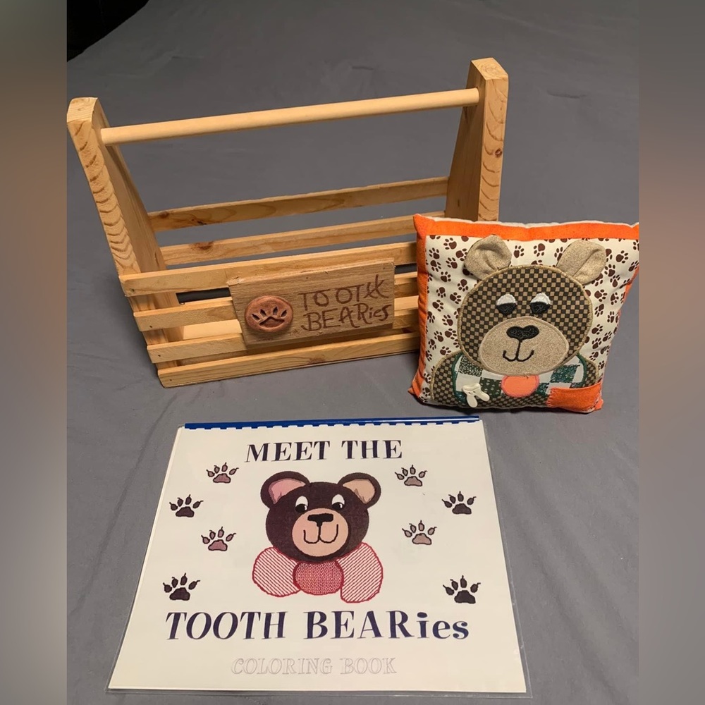 ToothBearies Wooden Carrying Box, Tooth Fairy Pillow & Coloring Book, New